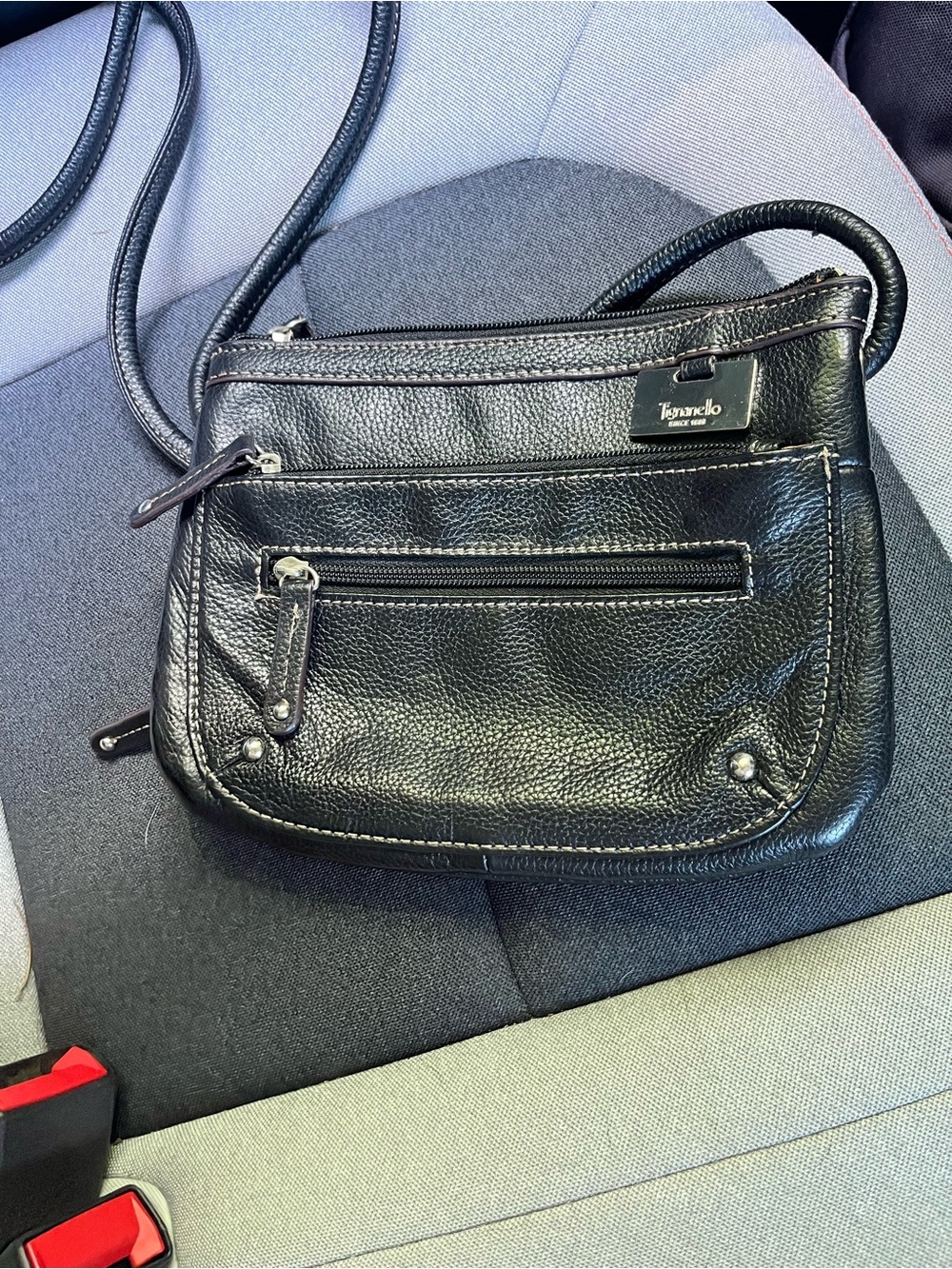 Tignanello Black Pebbled Leather Crossbody Bag lots of zipper compartments - Picture 2 of 12